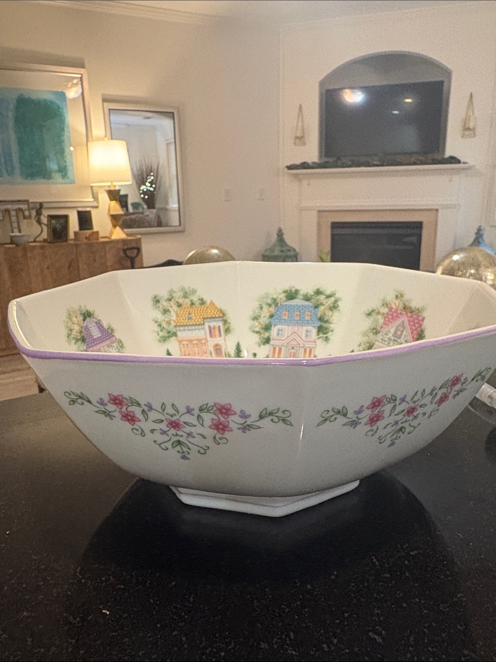 Lenox Octagonal Serving Bowl with Pastel Village Motif - Picture 3 of 3